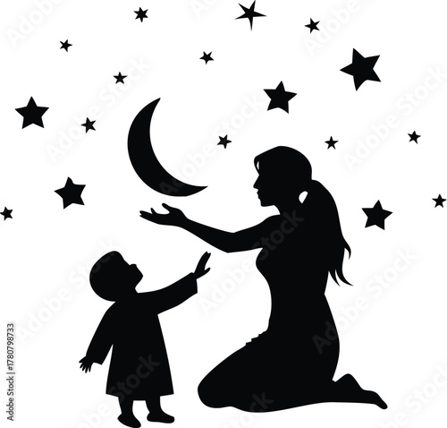 silhouette of a woman and a child with a moon