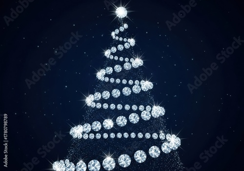 Abstract christmas tree shape formed by sparkling diamonds and glitter particles against a dark, starry night sky