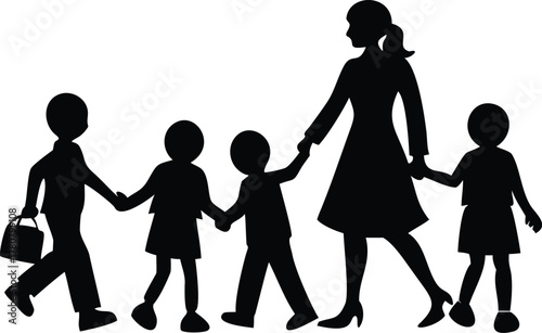 silhouettes of a family walking, shopping with bags