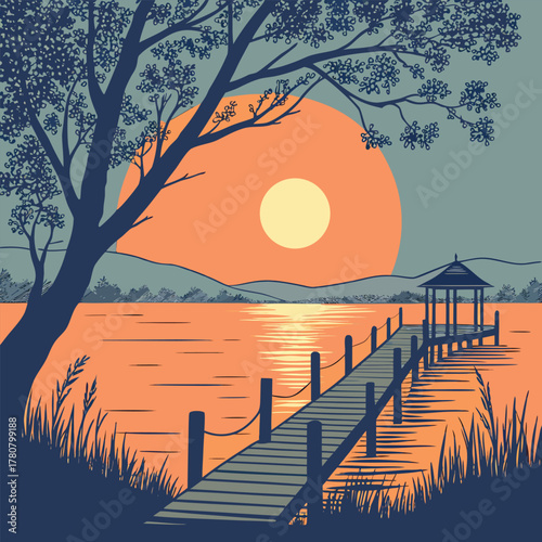 a sunset over the lake with a pier and a gazebo