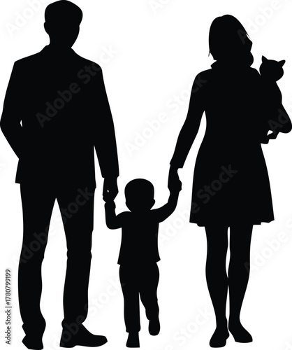 silhouettes of a mother and son walking, a father and son, and a single man, conveying love and family