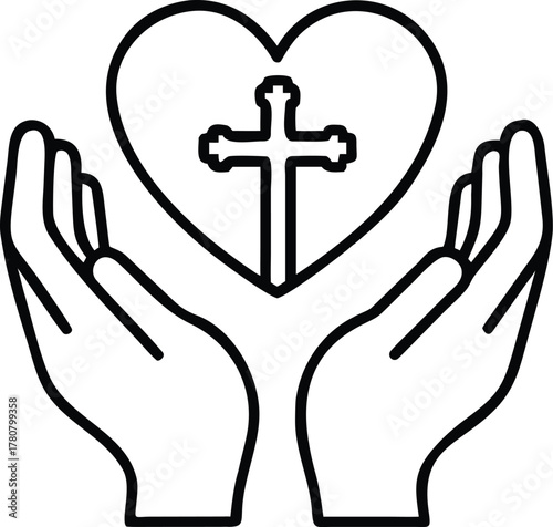 Hand holding religious cross icon silhouette 