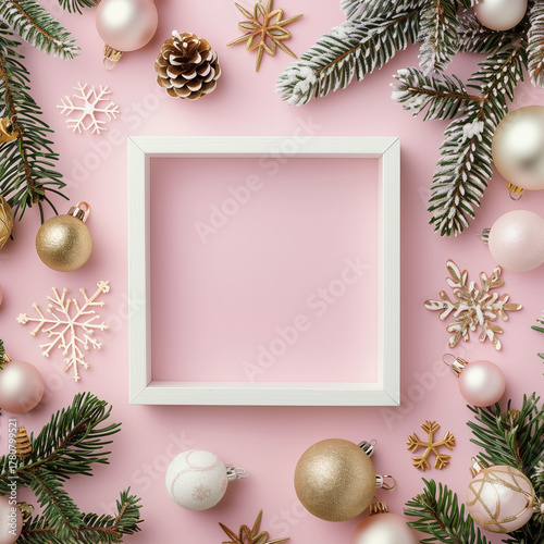 A festive Christmas decoration frame featuring delicate snowflakes, a pink background, and gold ornaments on the sides, presented in a flat lay, top view with ample copy space for your holiday message