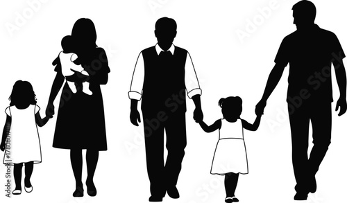 Multi-generational family silhouette, walking together, holding hands, black figures, white background, love, connection, unity, generations, flat vector illustration