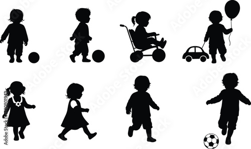 Children silhouettes, playing activities, walking, running, holding balloon, kicking ball, stroller, toy car, black vector, flat vector illustration