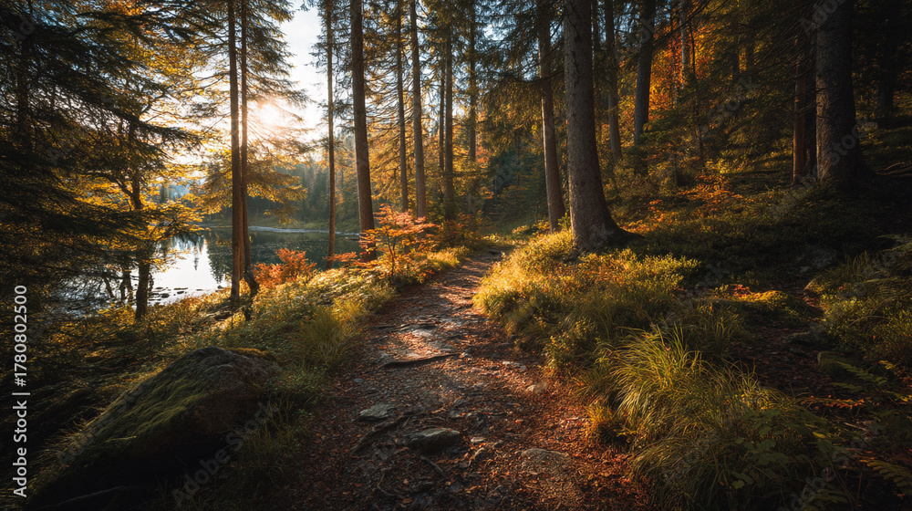 Obraz premium A scenic forest path leading to a tranquil lake under the warm glow of the setting sun