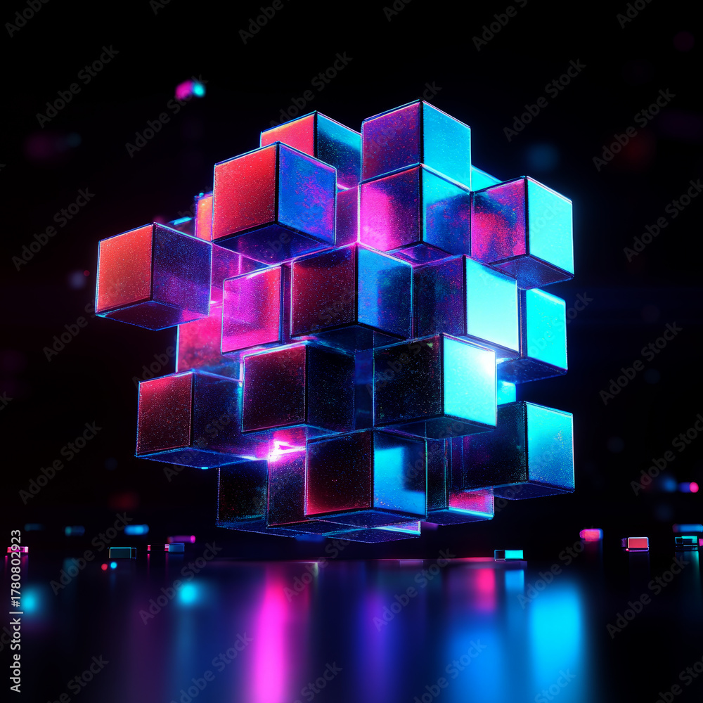 3d realistic cube being formed by smaller cubes, neon lights, 