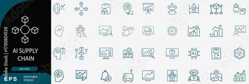AI supply chain logistics automation outline icons set vector editable