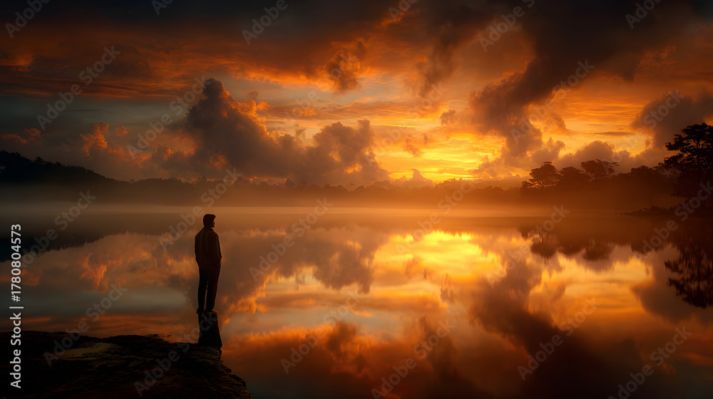Fototapeta premium Solitary figure gazing at sunrise over still lake reflecting golden light 