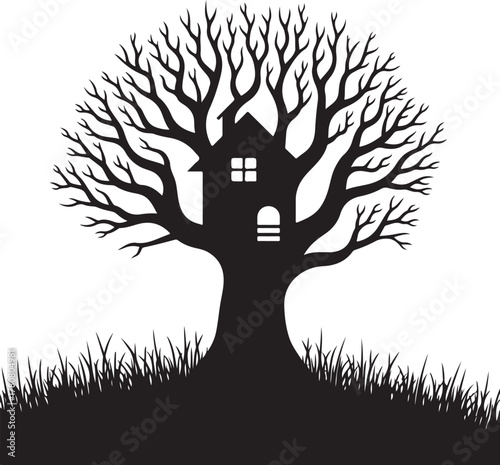 Black silhouette of a treehouse on a bare tree with grass