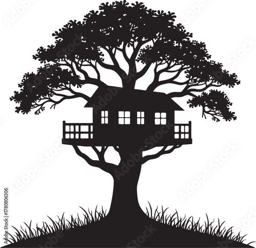 Black silhouette of a treehouse on a large tree black and white