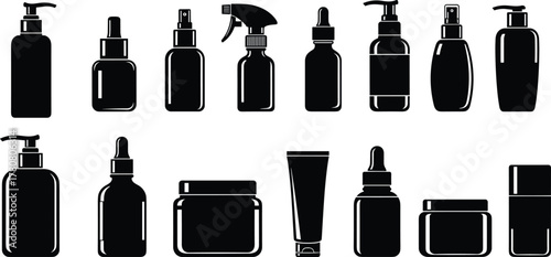 Cosmetic packaging, pump bottle, spray bottle, dropper container, cream jar, tube mockup, skincare design, personal care, black silhouette, vector set