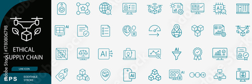 Ethical supply chain outline icon set, modern sustainable logistics vector, thin line corporate responsibility concept