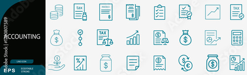 Accounting and financial business outline icon set, budget money and tax vector, modern thin line blue
