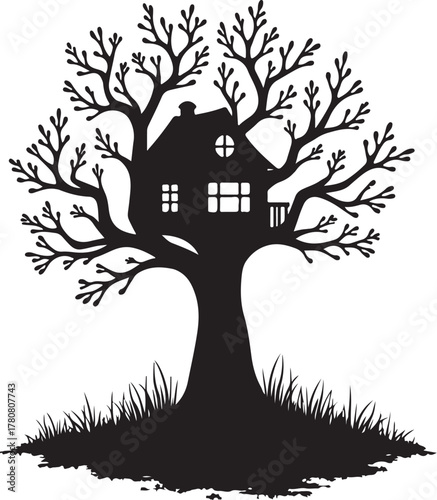 Black silhouette of a treehouse with bare branches and grass