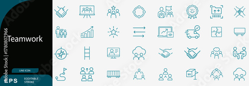 Teamwork and collaboration outline icon set, modern business partnership vector, thin line success concept