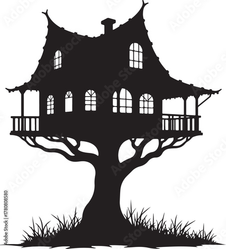 Black silhouette of a whimsical treehouse on a large tree