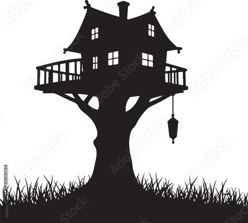 Black silhouette of a whimsical treehouse with a lantern