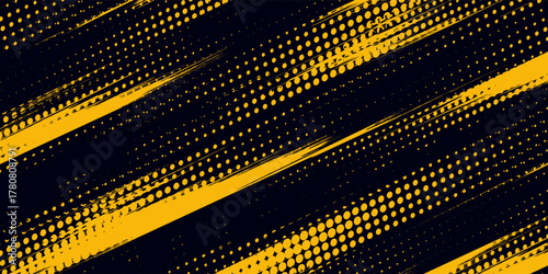 Halftone yellow dots pattern and black gradient grunge texture background. Dotted line comic sport style vector illustration.