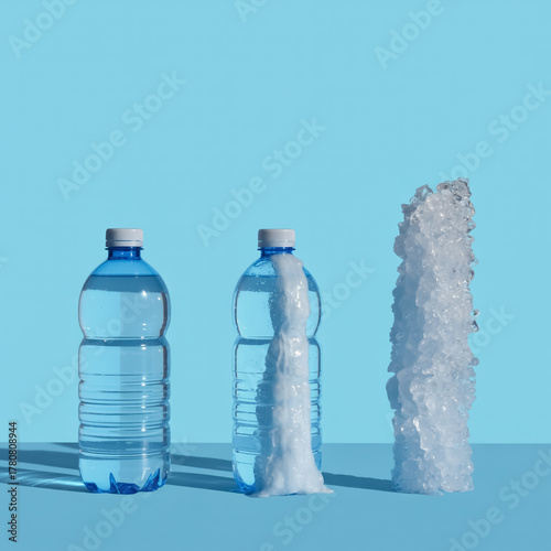 A minimalist product photo of three plastic water bottles on light blue background, showing clear to icy crystal transformation, clean lighting, modern aesthetic, sharp focus, symmetry, soft shadows.