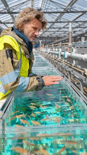 Fisheries Engineer Inspecting Aquaculture Tanks. Marine Innovation, Sustainable Engineering, Environmental Science.