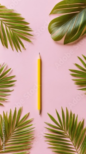 Yellow Pencil Surrounded By Tropical Leaves On Pink Background