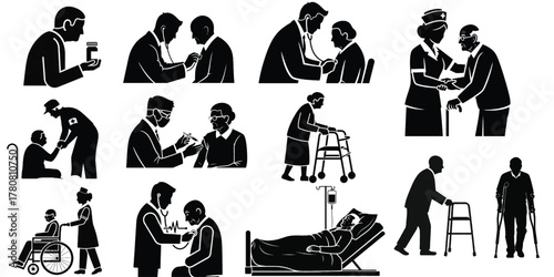 Elderly People Healthcare Silhouette Vector Icon Set — 11 Black Flat Icons of Seniors, Doctors, Nurses, and Patients Related to Medicine, Hospital, and Elder Care, Isolated on White Background