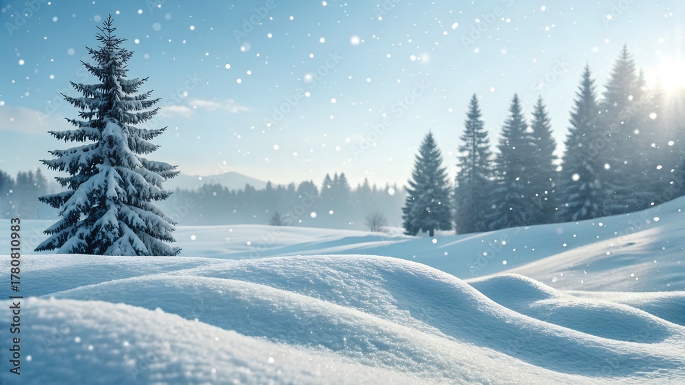 Fototapeta premium Fresh snow covers rolling hills and tall evergreen trees in a peaceful winter landscape, with snowflakes gently falling under a bright sky.