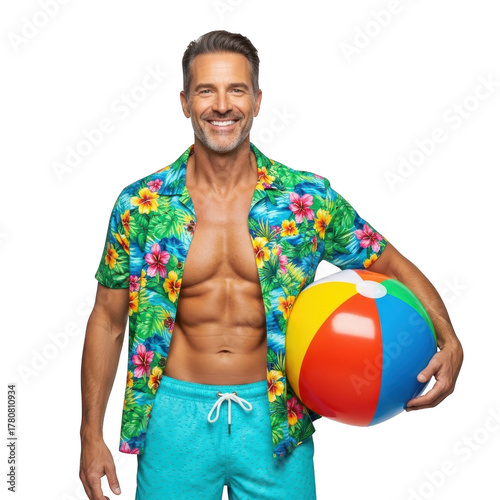 Muscular man in hawaiian shirt holding beach ball isolated on transparent background