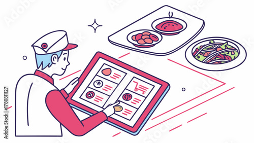 Restaurant employee using digital tablet to manage online food orders and menu selections