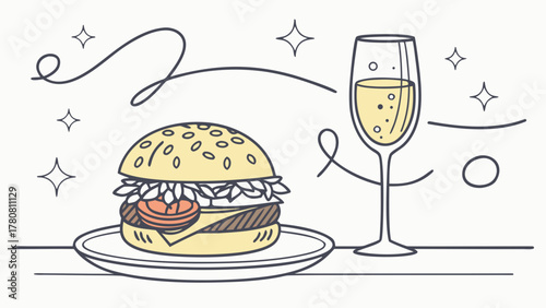 Elegant dinner with gourmet burger and glass of sparkling wine on festive background