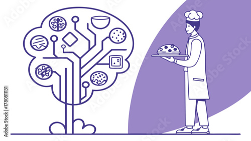 Chef holding dish near abstract tree symbolizing artificial intelligence and food technology integration