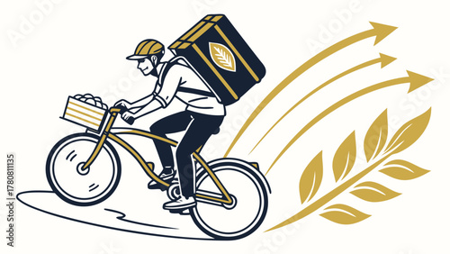 Eco-friendly food delivery cyclist with backpack riding fast, symbolizing organic and sustainable service