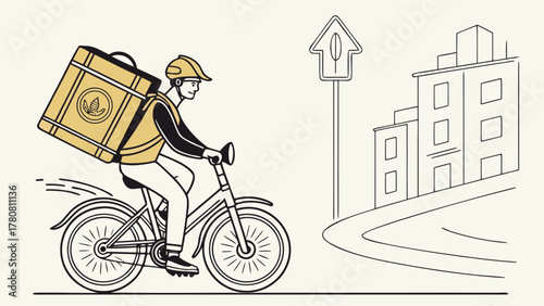 Food delivery courier riding bicycle through city streets with backpack and helmet