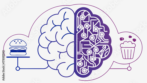 Artificial intelligence and brain concept with food choices like burger and cupcake connected to neural network