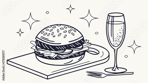 Gourmet burger served on wooden board with sparkling wine glass in elegant minimal style