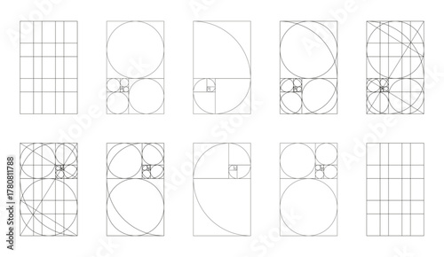 Golden ratio simple template. Fibonacci array, numbers forms. Big set of golden section method samples. Harmony proportions thin black frames. Outline graphic flat illustration on white background.