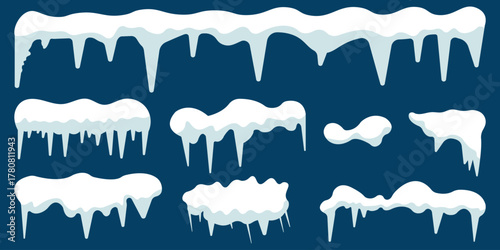 Set of white snow caps with icicles and piles with icy texture.  snowballs, and snowdrifts. Vector collection of snow elements on a winter background.