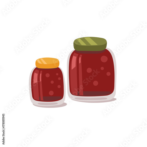 Vector hand-drawn illustration of jars with apple jam. Autumn preserving. A cozy atmosphere.