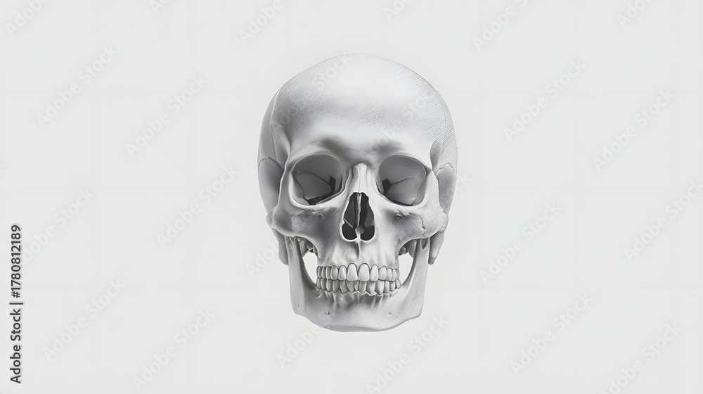 Obraz premium anatomical depiction of a white human skull shown frontally with intricate bone details Isolated on a clean minimalist light grey studio background