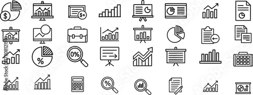 Icon set of business and finance icons, showcasing data analysis, charts, and graphs for strategic decisionmaking and financial planning in various contexts