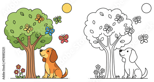 Cute Puppy and Butterflies Under a Tree - Adorable Cartoon Dog Enjoying Nature with Colorful Butterflies and Sunshine
