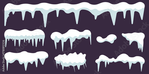 Set of white snow caps with icicles and piles with icy texture.  snowballs, and snowdrifts. Vector collection of snow elements on a winter background.