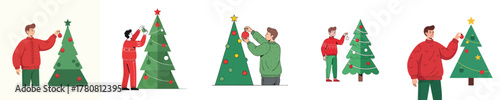Decorating Tree Man Hanging Ornaments for Christmas Holiday Flat Vector Illustration