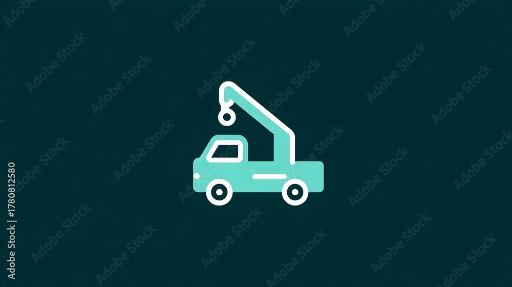 Fototapeta premium Stylized modern icon of a teal crane truck for towing or lifting ope ns representing transportation industry and mechanical assistance on a dark background