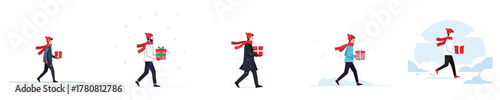 Seasonal Delivery Man Walking with Christmas Gift Box Flat Vector Set