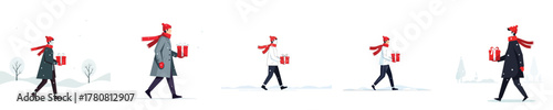 Winter Walk Man Carrying Christmas Gift in Snow Flat Vector Illustration
