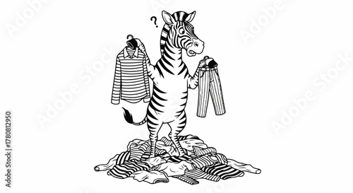 A confused Zebra trying to match its outfit to its own black and white stripes. Line art vector.