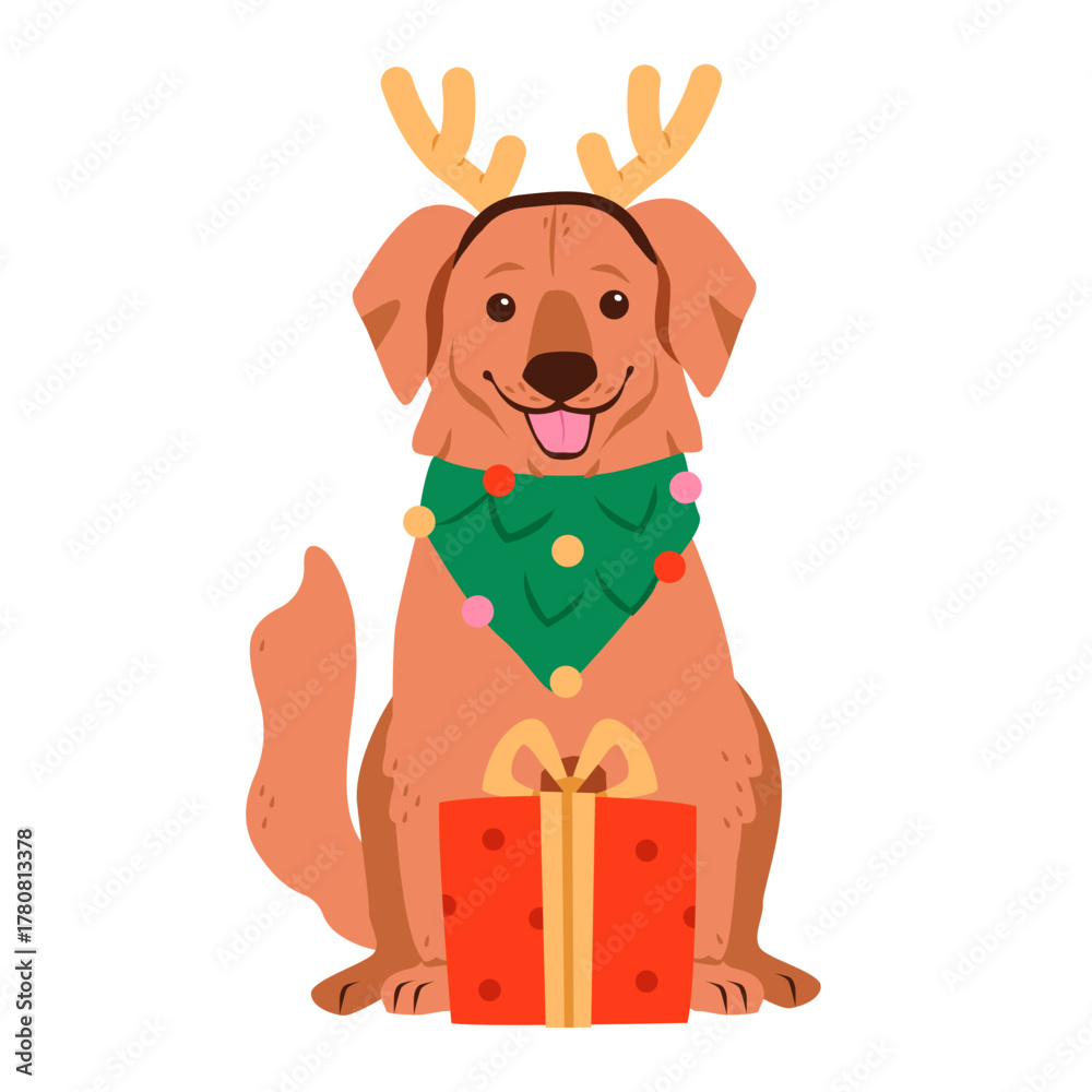 Obraz premium Cute Christmas dog in a festive costume. Adorable labrador puppy dressed as a reindeer for xmas celebration. Flat vector illustration with cozy holiday mood.