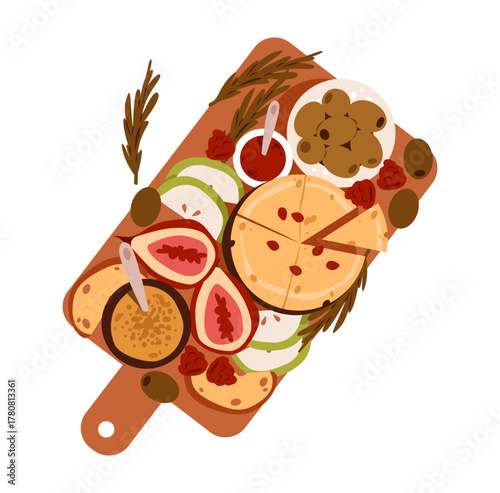 Charcuterie board with cheese, figs, and olives. Vector illustration of a healthy food on a wooden tray.